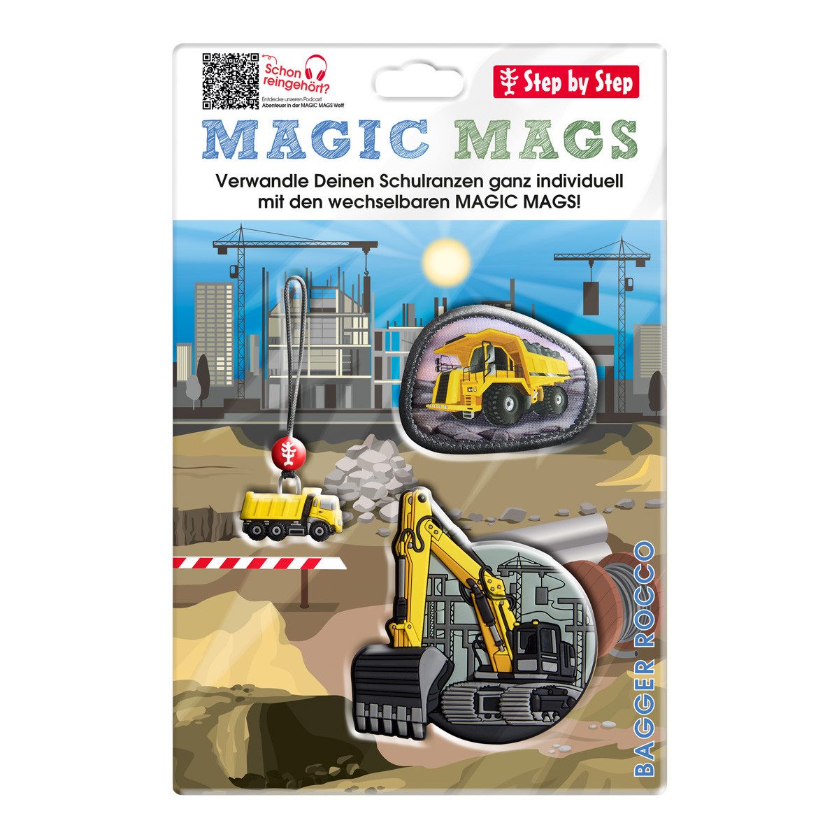 Step by Step Schulranzen MAGIC MAGS, Bagger Rocco 3-teilig (3-teilig), Motivanhänger, Glücksbringer