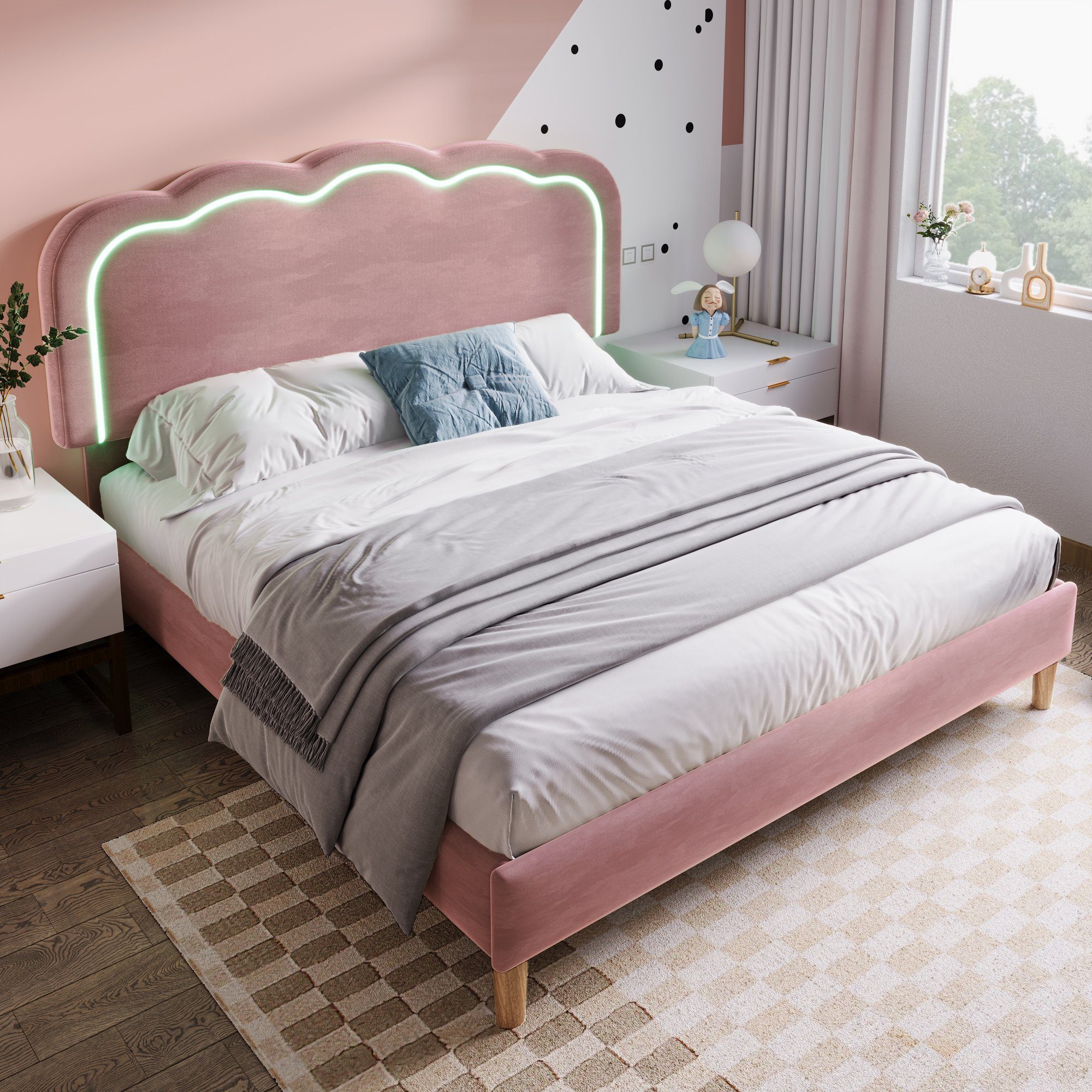 Polsterbett (LED Doppelbett), mit Lattenrost & Verstellbares Kopfteil in Puff-Form, 140x200cm, Samt