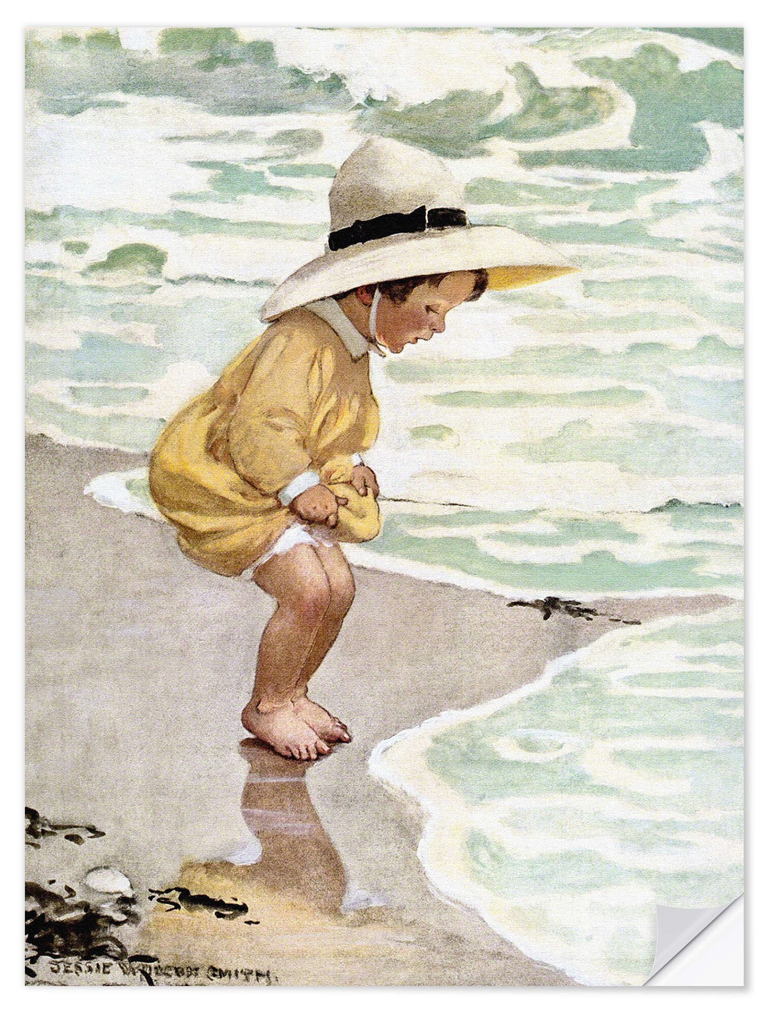 Posterlounge Wandfolie Jessie Willcox Smith, Ein kleines Mädchen spielt in den Wellen, Badezimmer Maritim Illustration