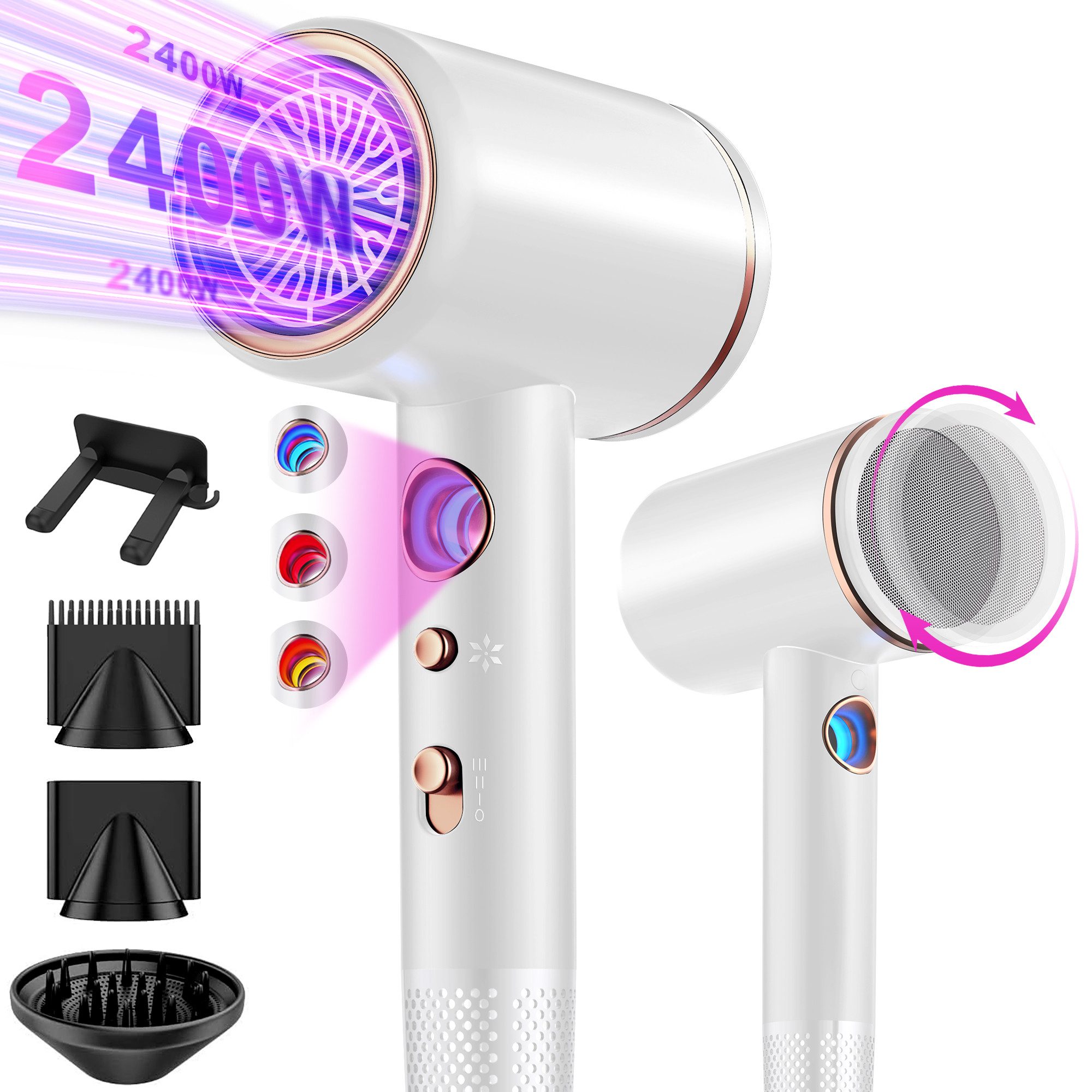 ibettertec Haartrockner Haartrockner Föhn Ionen 2400W,Anti-Spliss mit Kaltluft Modus, 2400,00 W, (25m/S, 3 Stylingaufsätze, angereichert mit Keratin und, Mandelöl, Ionenpflege - Anti Frizz, langlebiger AC-Motor)