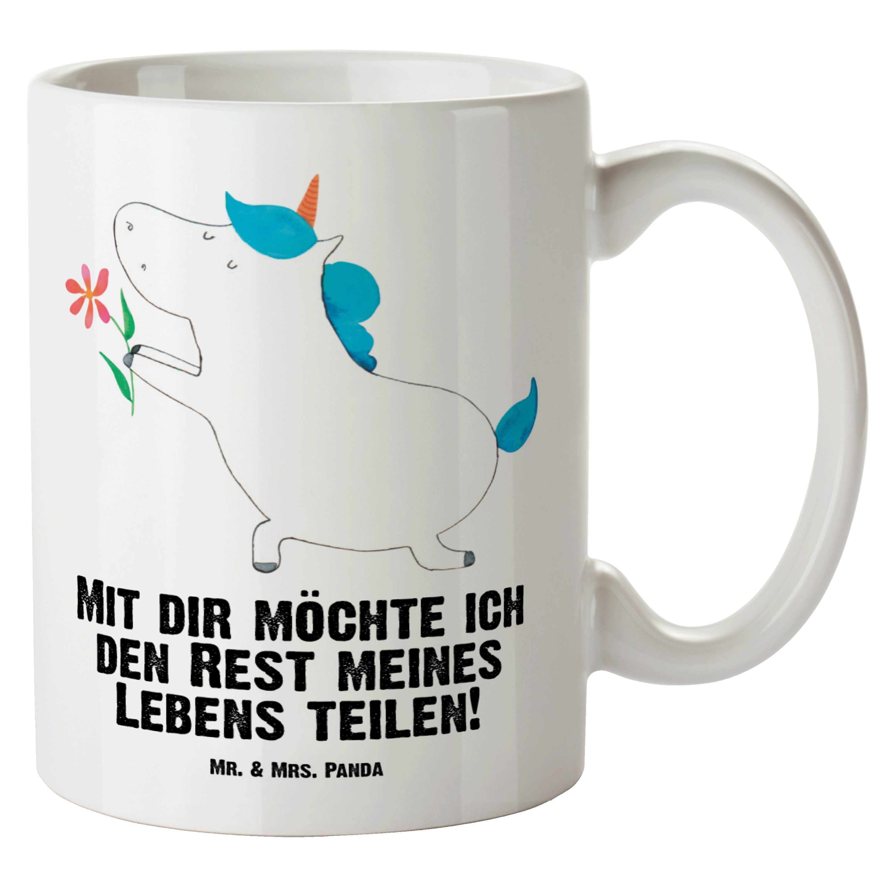 Mr. & Mrs. Panda Tasse Einhorn Blume - Weiß - Geschenk, Verlobung, Ehe, Pegasus, XL Tasse, J, XL Tasse Keramik