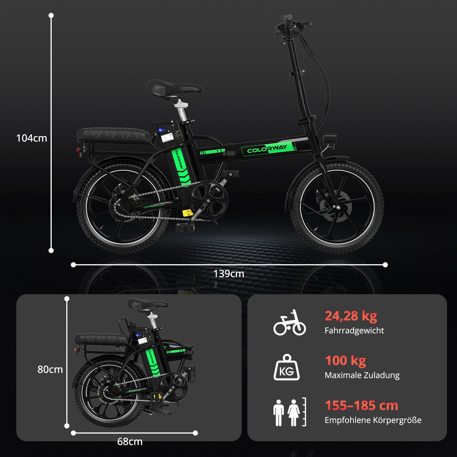 COLORWAY E-Bike Cityrad 16 Zoll E Bike 36V12Ah Lithiumbatterie.25 km/h.Bis zu 35-60km, 1 Gang, Kettenschaltung, Heckmotor, 432 Wh, Falt-E-Bike Erwachsene, 250W, Tretunterstützung – kompaktes Cityrad