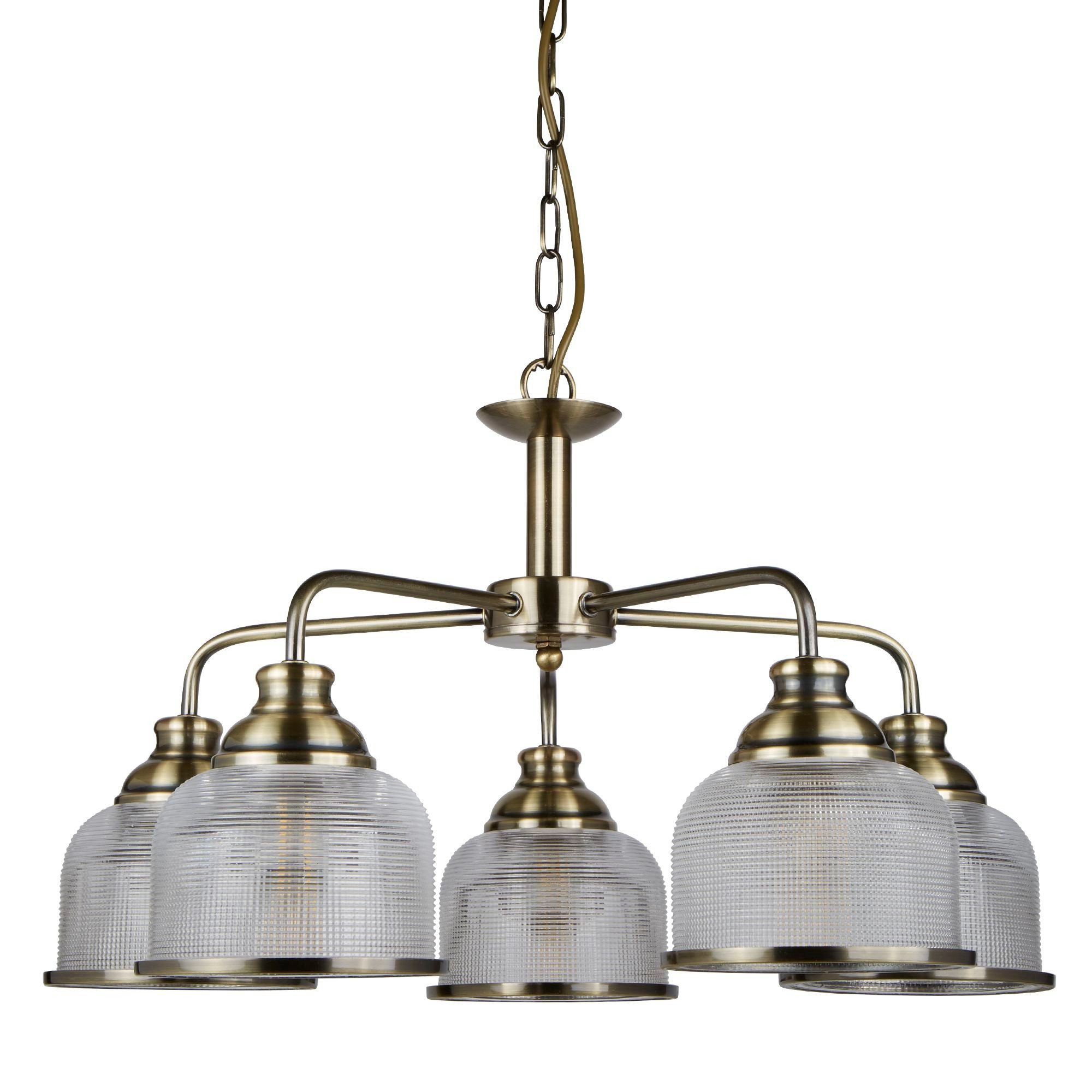 Searchlight Hängeleuchte Bistro II 5Lt Pendant -Antique Brass & Holophane Style Glass, Leuchtmittel wechselbar