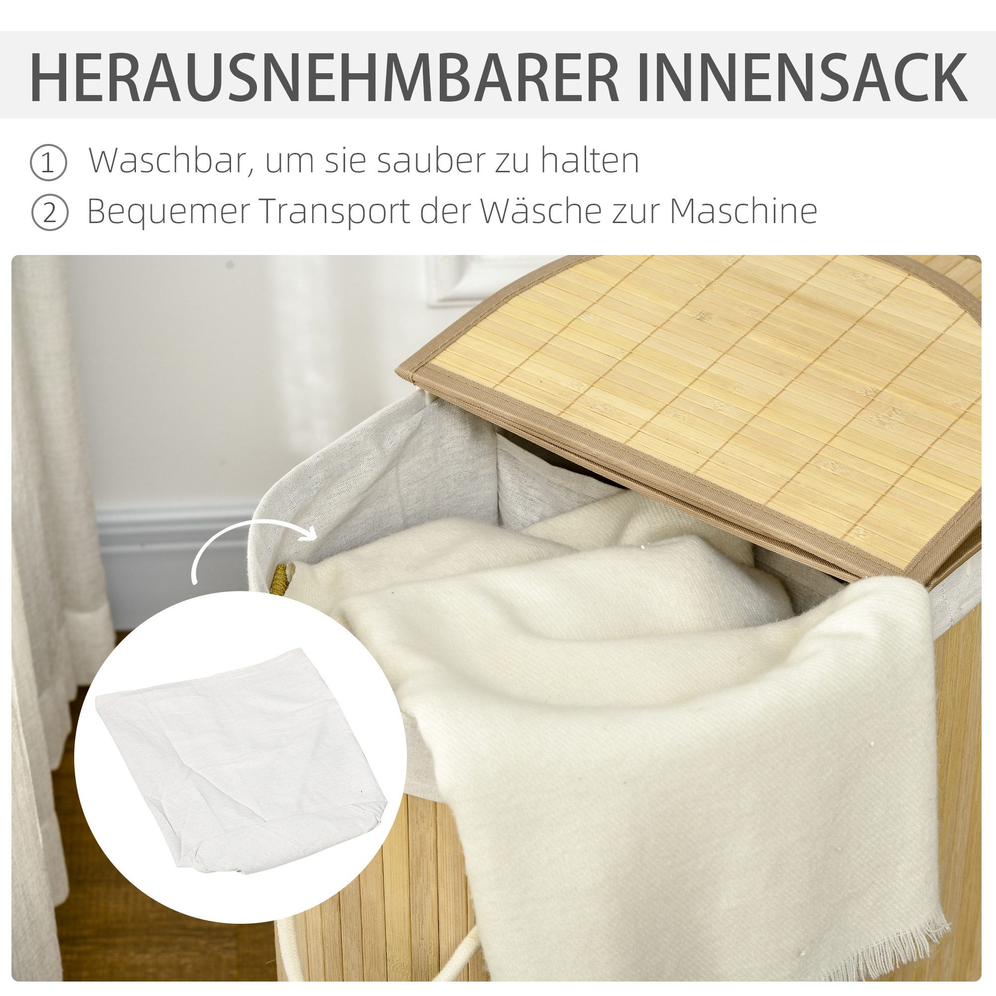 HOMCOM Wäschekorb Wäschesammler mit Griffen, Wäschesortierer, Naturholz (Set, 1 St., Wäschebox + Wäschekorb), 100 Liter, Bambus, mit Deckel – Bild 5 von 5