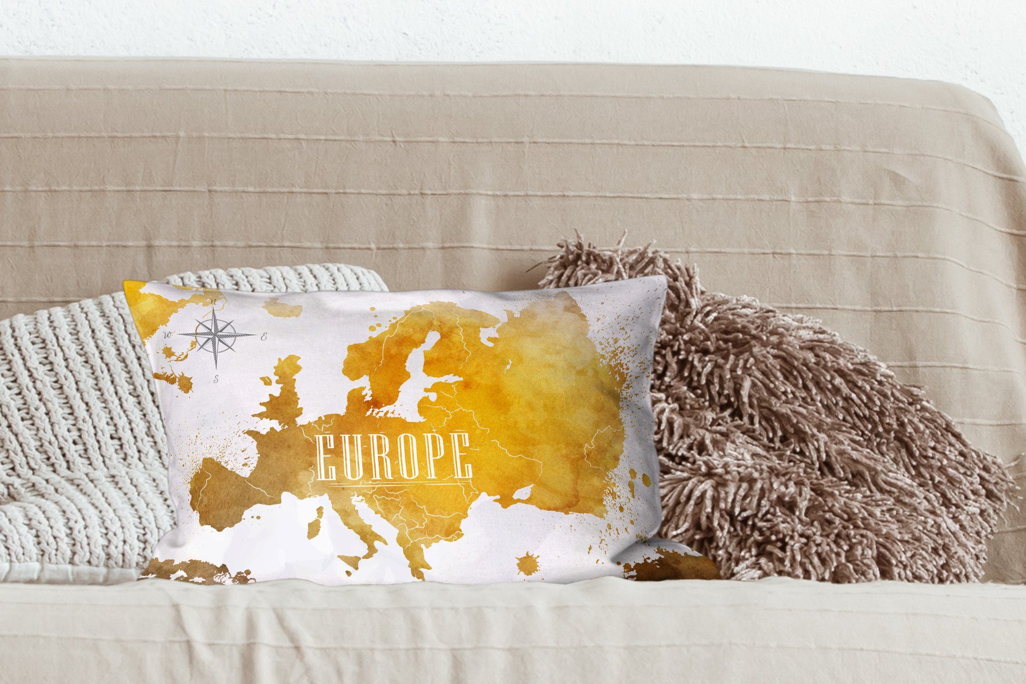 - Wohzimmer Europa Zierkissen, Dekoration, Füllung, - Schlafzimmer mit Gold, Weltkarten Dekokissen Dekokissen MuchoWow