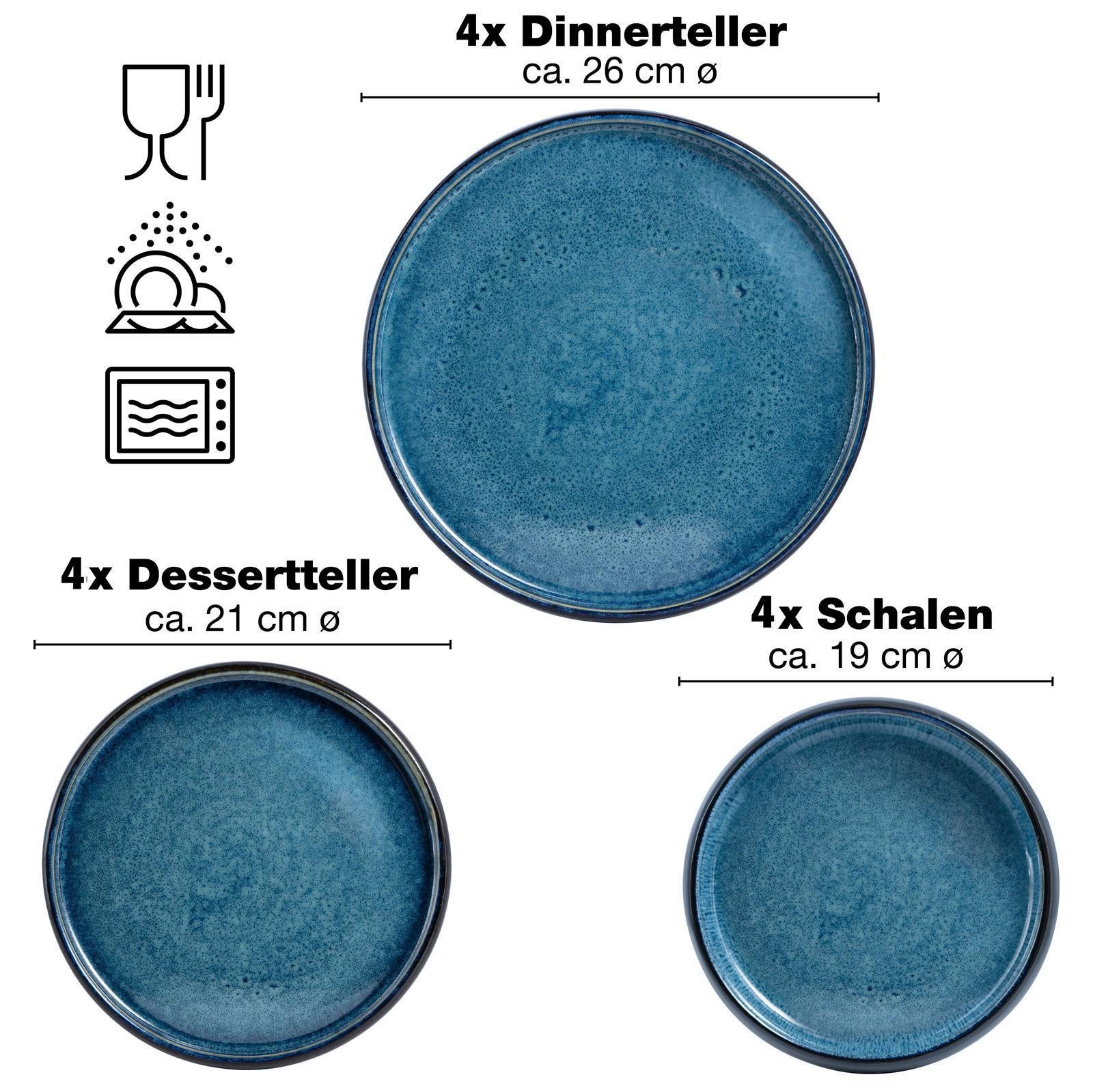 Moritz & Moritz Kombiservice SOLID 12tlg Geschirrset Blau (12-tlg), 4 Personen, Steinzeug, Kombigeschirr für 4 Personen