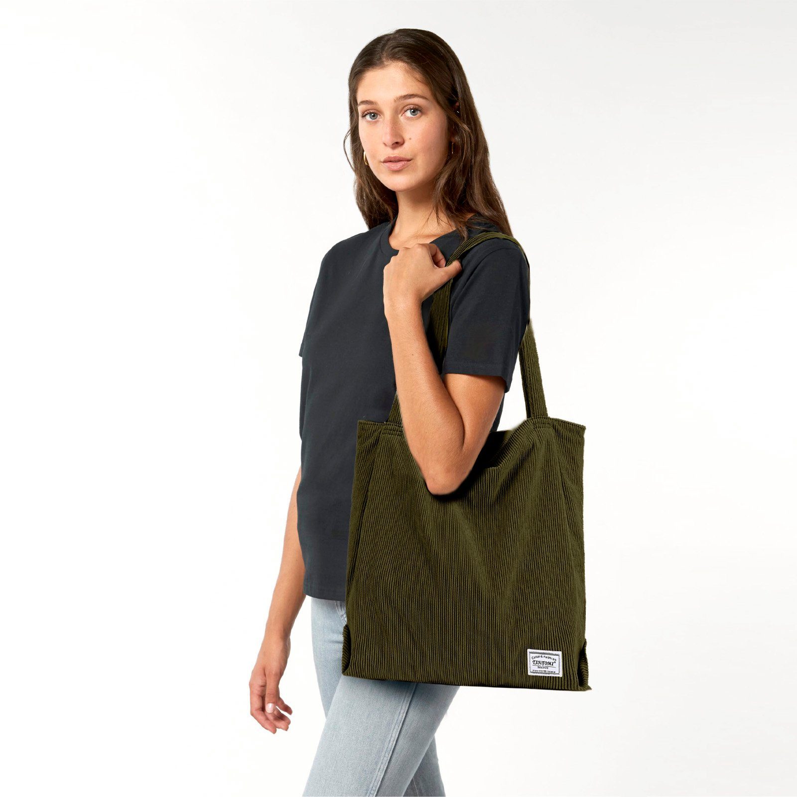 TAN.TOMI Henkeltasche Handtasche, Tasche Damen, Reißverschluss-Einkaufstasche Dunkelgrün Cordtasche Damenhandtasche, mit