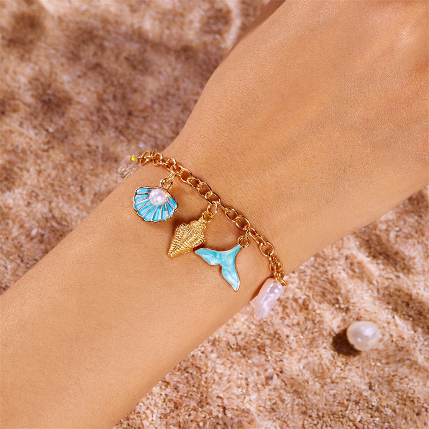 KARMA Bettelarmband Damen Gold maritime Anhänger Charms verstellbar (Damenschmuck Geschenk für Sie, Sommerliches Schmuckstück), Sommerschmuck Damenarmband