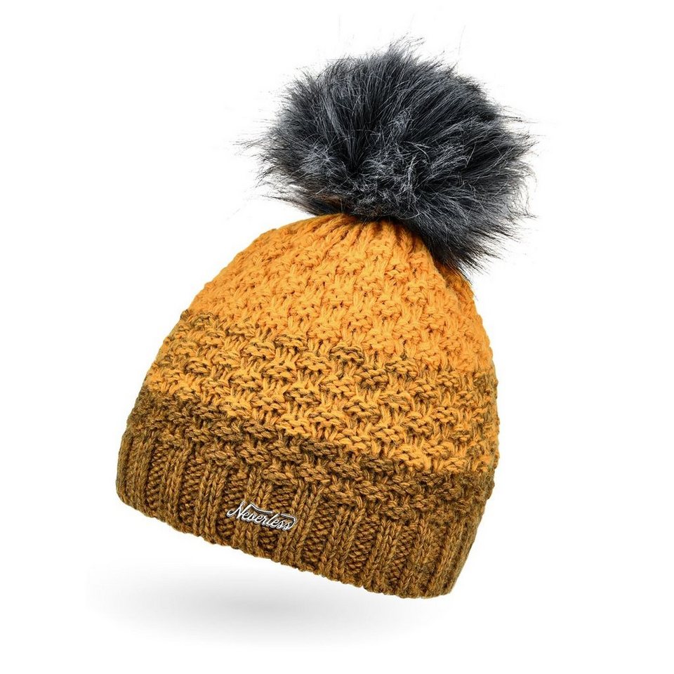 Winter-M/ütze Neverless Damen Strick-M/ütze gef/üttert mit Fell-Bommel Kunstfell Bommelm/ütze