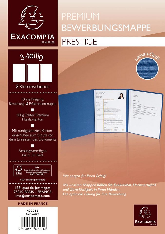 Thumbnail - EXACOMPTA Bewerbungsmappe 5x Bewerbungsmappe Karton Leinenoptik 2Klemmschienen A4 Schwarz 49201B, Bewerbungsmappen Premi...