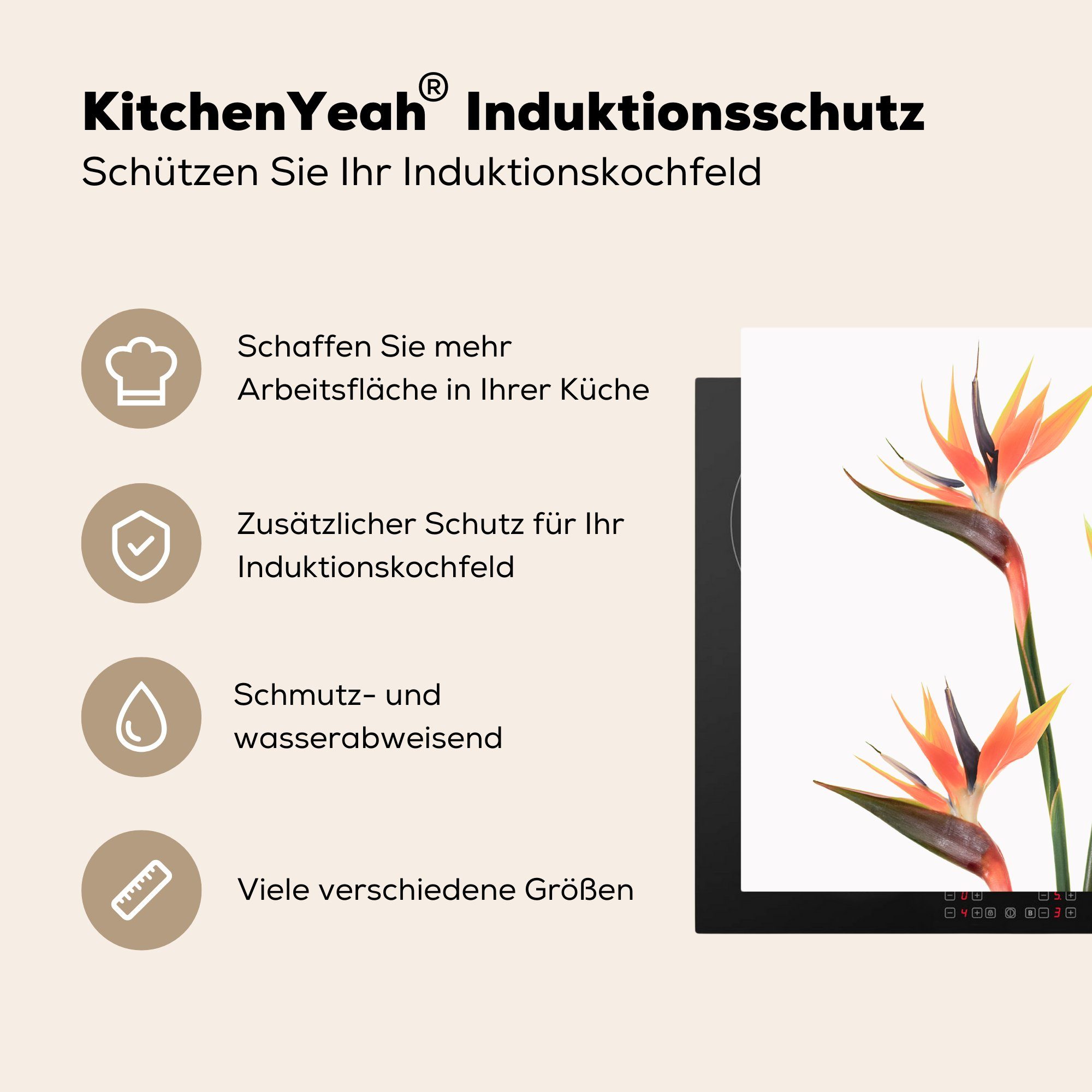 MuchoWow Herdblende-/Abdeckplatte Blumen - Vinyl, 60x52 Natur Pflanzen, - cm, (1 Arbeitsfläche Mobile nutzbar, Orange - Ceranfeldabdeckung tlg)