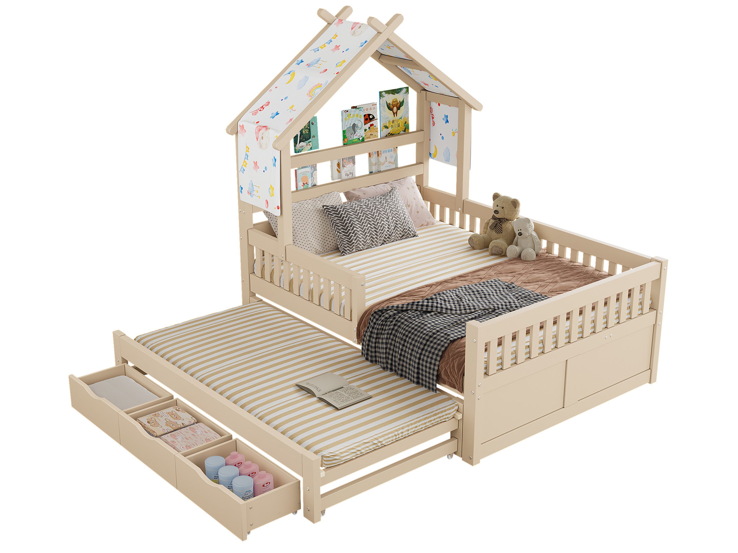 SeedWave Holzbett Modernes Hausbett mit Ausziehbett, Bücherregal & Schubladen, 140×200cm, Kinderbett mit Schutzgeländer