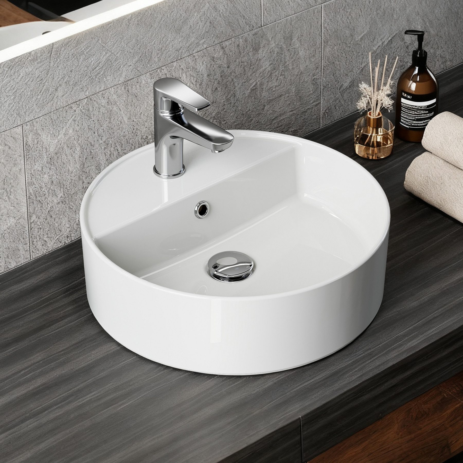 HOROW Aufsatzwaschbecken Waschbecken Klein Oval/Rund Weiß mit Nano für Badezimmer Gäste-WC (Aufsatzbecken, Badezimmer Waschtisch), mit Nano Beschichtung pflegeleichter Oberfläche
