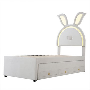 XDeer Etagenbett Kinderbett Polsterbett mit ausziehbarem Bett Stauraumschublade, und LED-Licht Gepolstertes Einzelbett-Schlafsofa 90 x 200cm