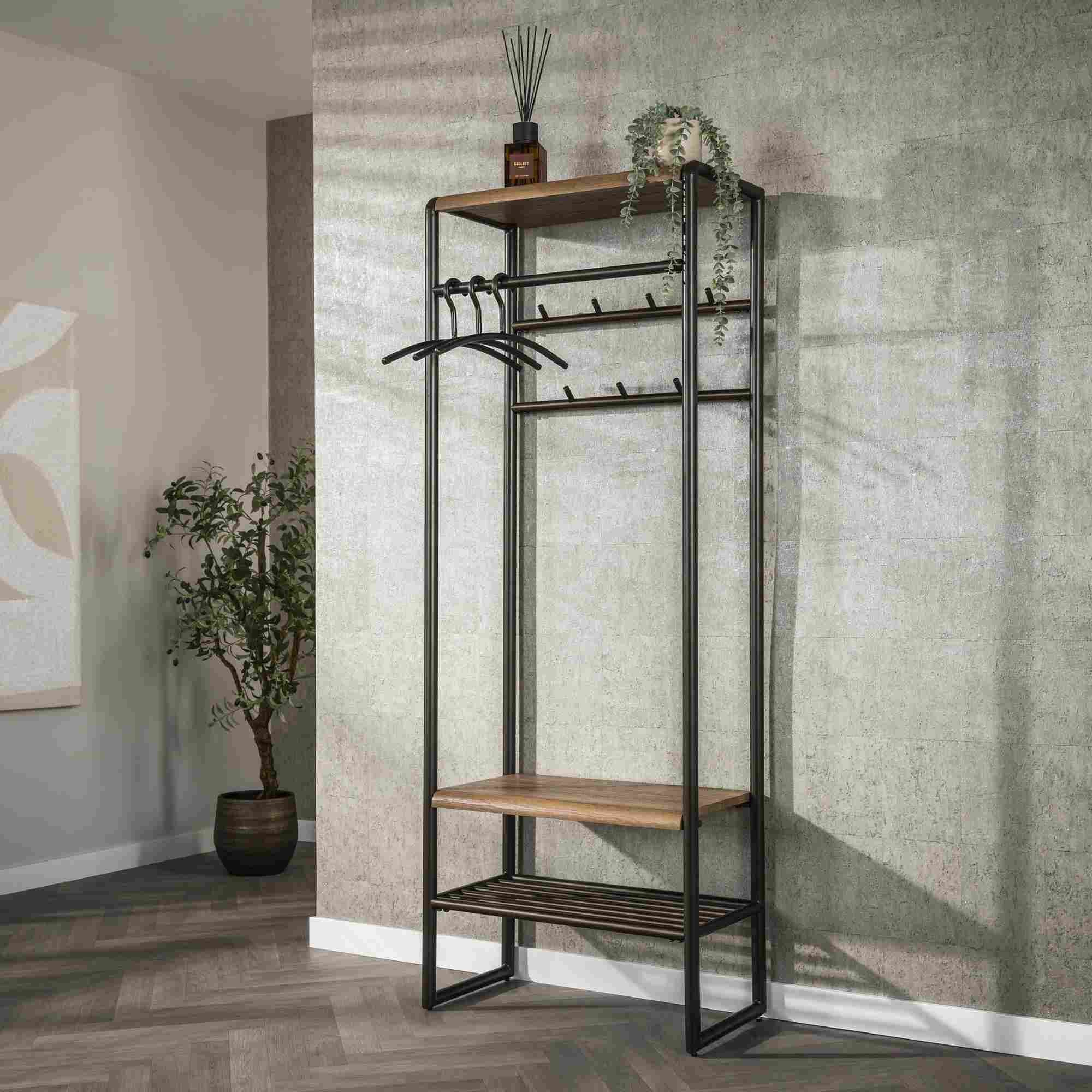 Feeling4Home Garderobe Onul 70 cm Metall Bronze mit Ablagen in Eichenoptik, Funktionales Design mit Stange und sieben Haken