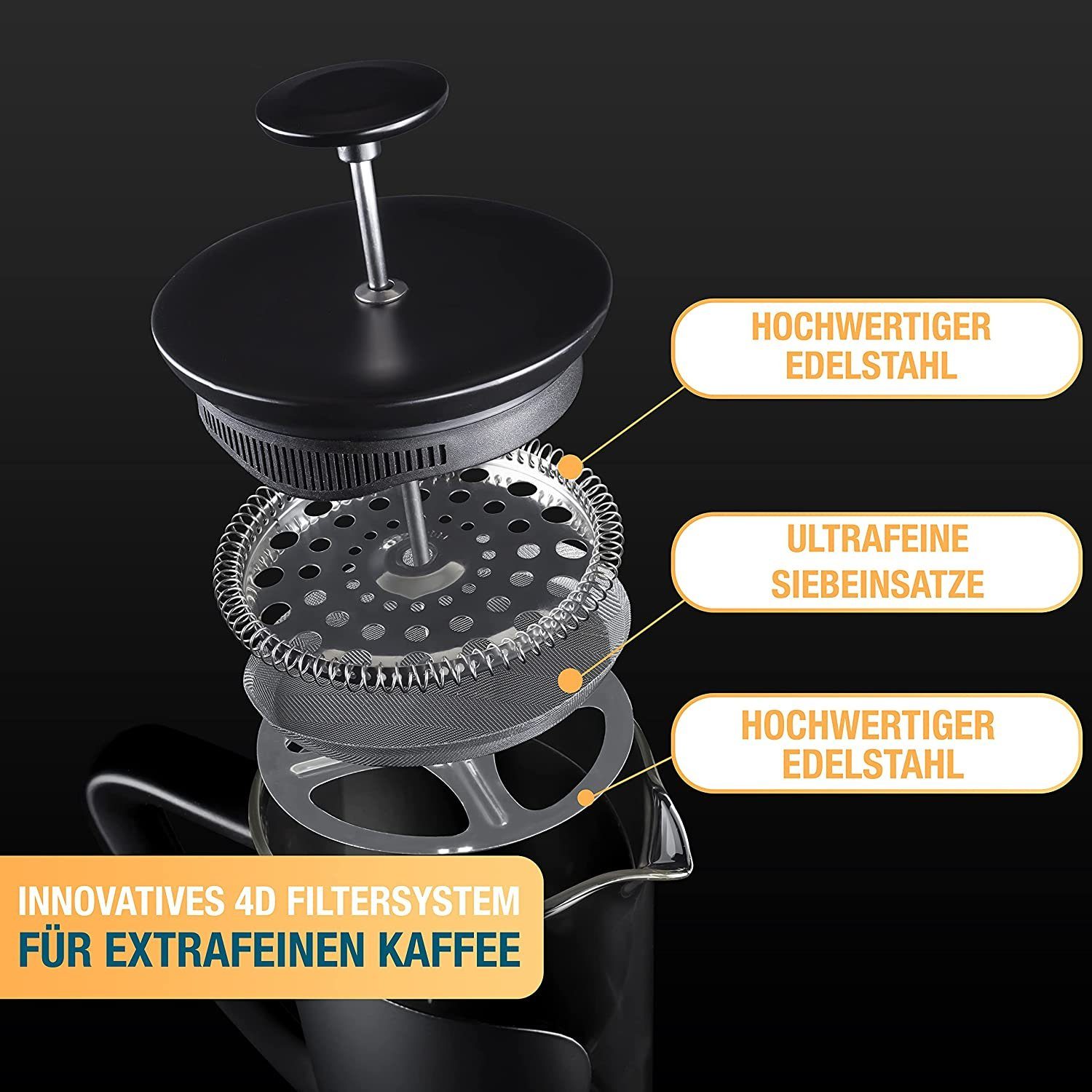 Glas mit & Kanne Press French Filtersystem, Kaffeebereiter Edelstahl Thiru 4D