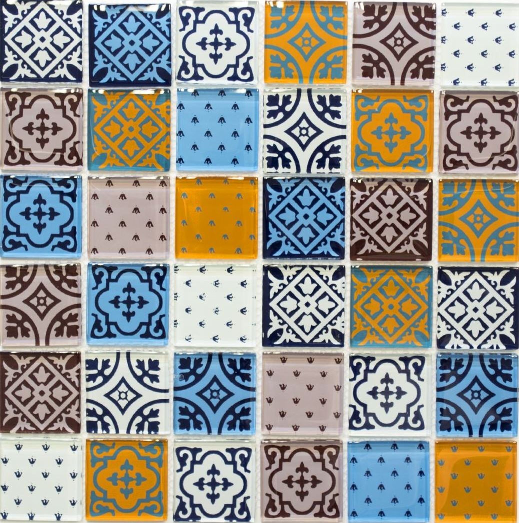 Mosani Mosaikfliesen Retro orange weiß Vintage blau Ornamente Glasmosaik Mosaikfliesen