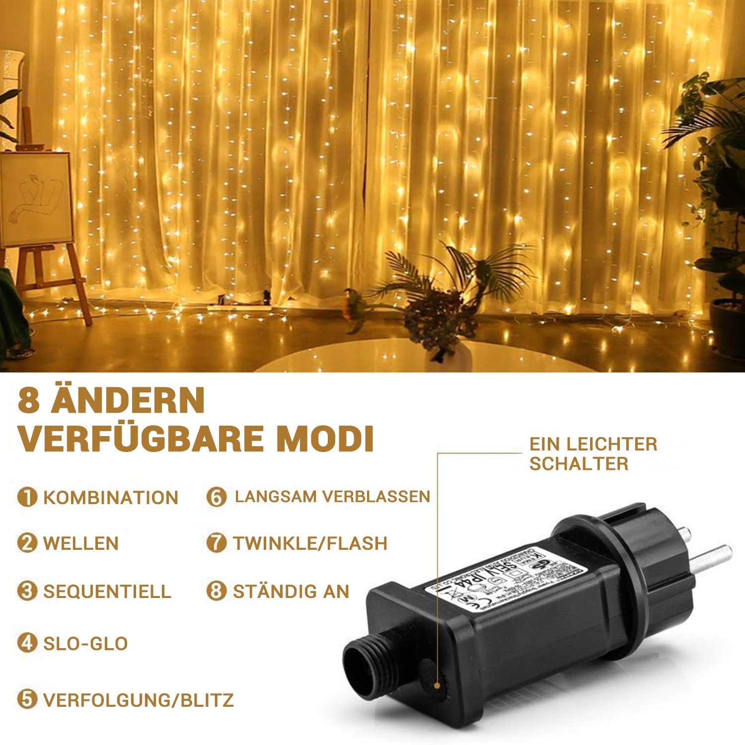 Elegear LED-Lichtervorhang Lichtervorhang 8Modi für 600-flammig, LED Weihnachtsdeko, Lichterkette fenster, Timer/Memory-Funktion Weihnachtsbäume
