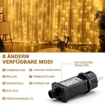 Elegear LED-Lichtervorhang Lichtervorhang 8Modi für fenster, Weihnachtsbäume Weihnachtsdeko, 300-flammig, LED Lichterkette Timer/Memory-Funktion