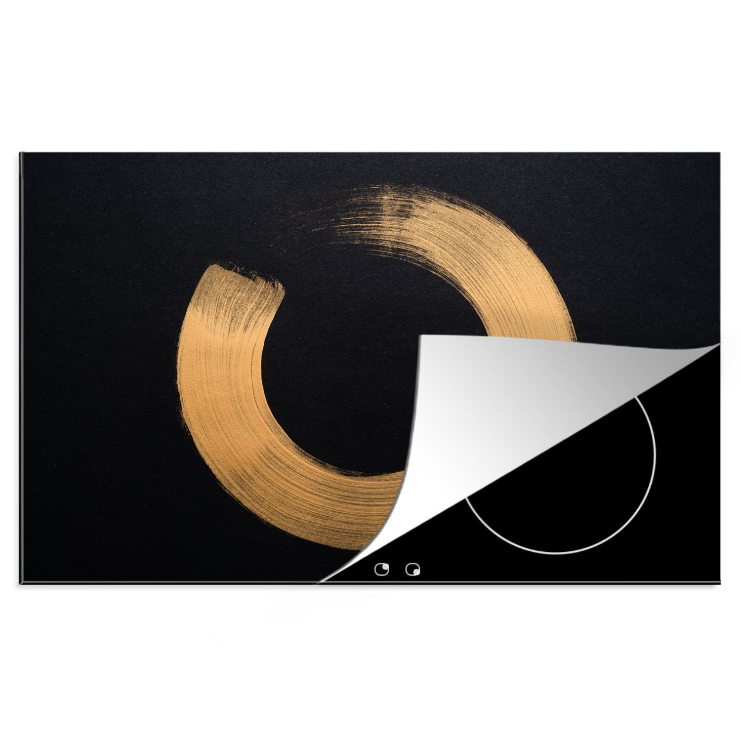 MuchoWow Herdblende-/Abdeckplatte Goldfarbene Pinselstriche eines Kreises, Vinyl, (1 tlg), 81x52 cm, Induktionskochfeld Schutz für die küche, Ceranfeldabdeckung