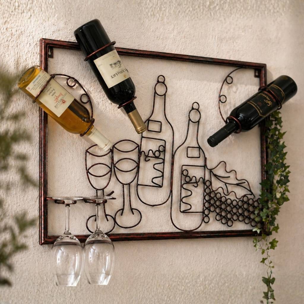 DanDiBo Weinregal mit Glashalter Wand Wandbild 091975 Flaschenständer Metall 65 cm, Flaschenhalter Wandregal