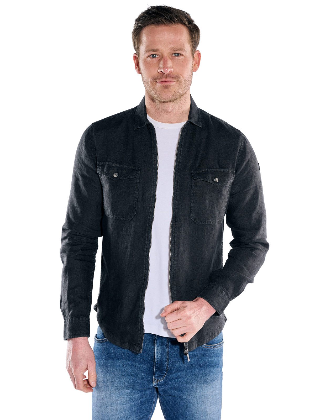 Engbers Langarmhemd Herren Leinen Overshirt mit Zipper, Saphirblau