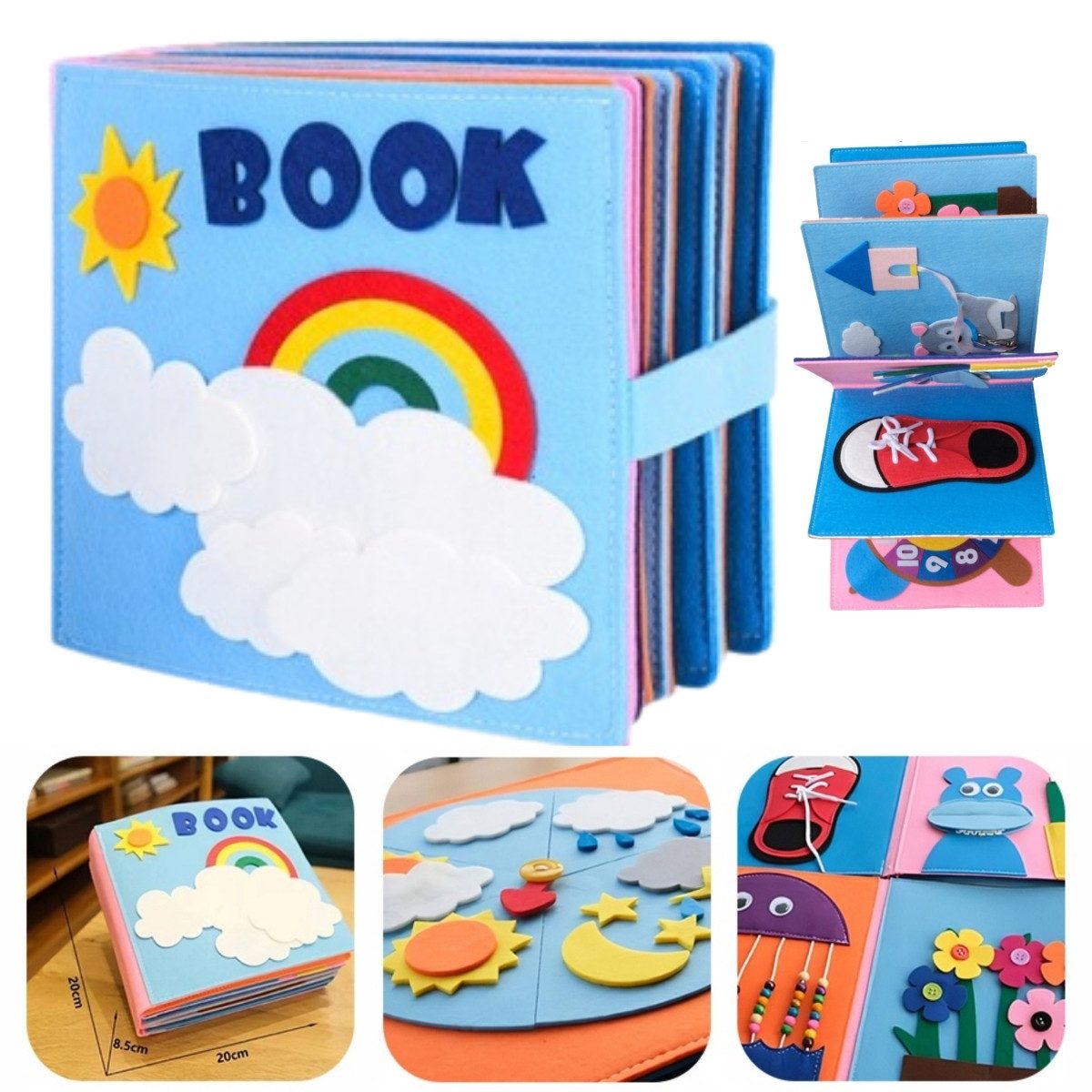 Hard-er Stoffbuch 3D-Sensorikbuch für Kleinkinder ab 1 Jahr 12 Seiten aus Filz, fördert Feinmotorik, Zuordnung und praktische Alltagsfertigkeiten