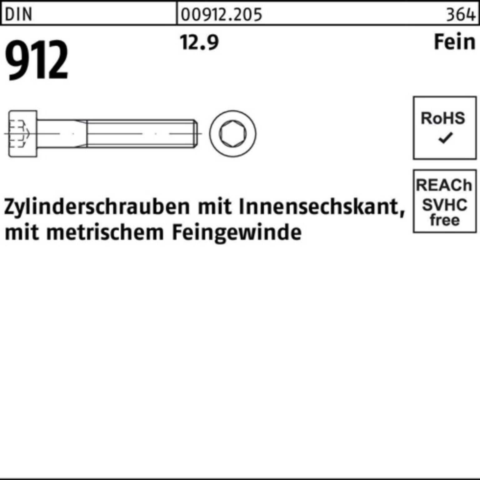 Innen-6kt Zylinderschraube 12.9 80 Stü 912 50 DIN Pack Reyher 100er Zylinderschraube M12x1,5x
