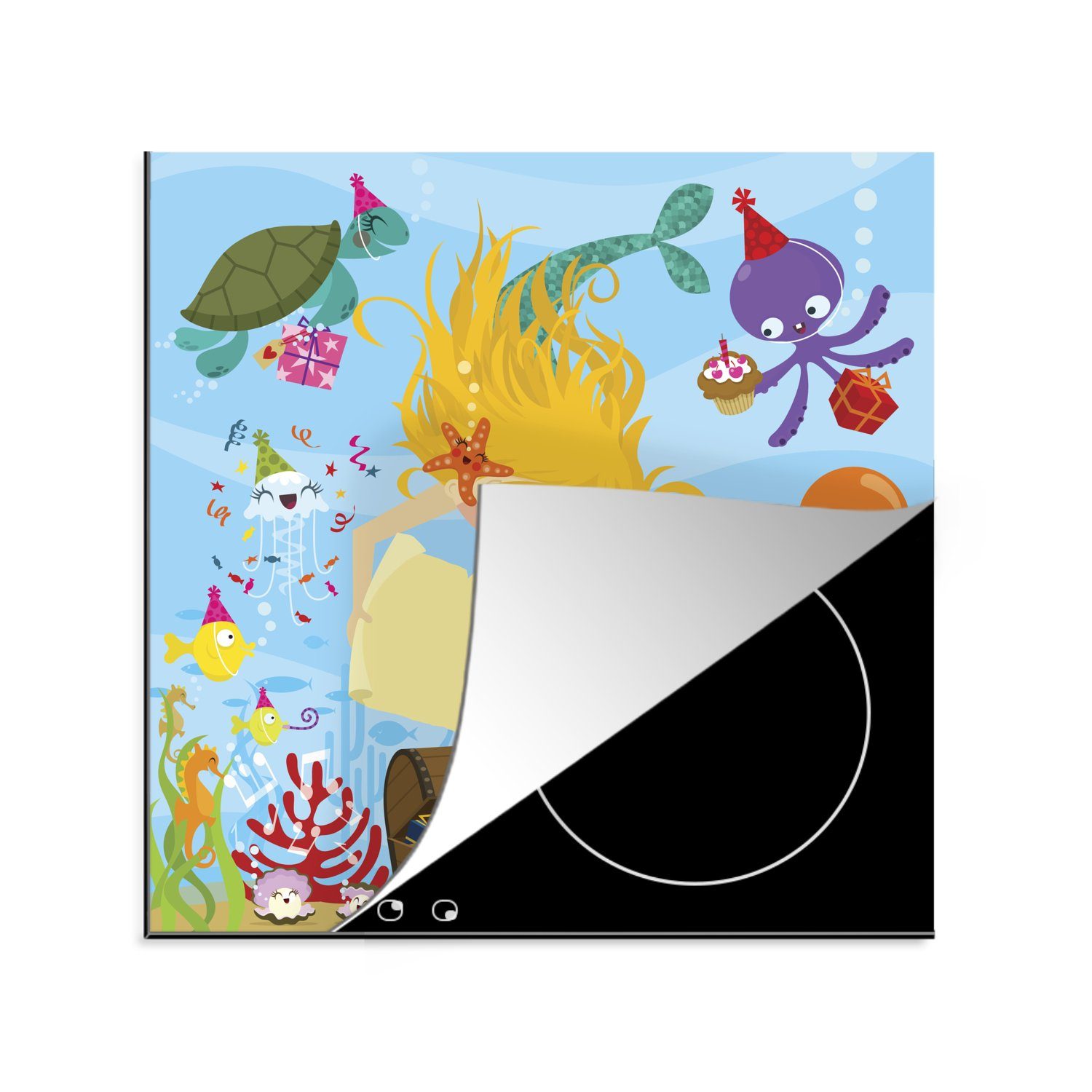 MuchoWow Herdblende-/Abdeckplatte Illustration einer Meerjungfrau mit einer Schatztruhe, Vinyl, (1 tlg), 78x78 cm, Ceranfeldabdeckung, Arbeitsplatte für küche