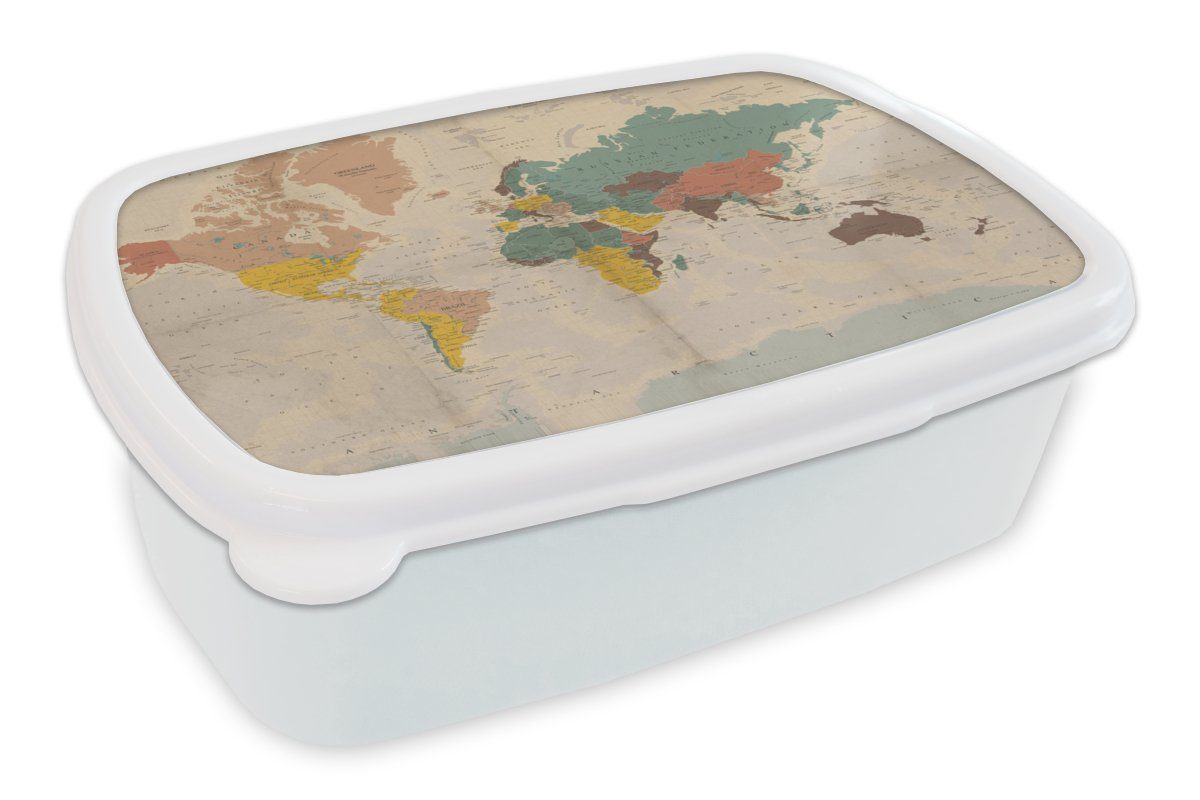 MuchoWow Lunchbox Weltkarte - Vintage - Atlas - Kind - Kind - Mädchen, Kunststoff, (2-tlg), Brotbox für Kinder und Erwachsene, Brotdose, für Jungs und Mädchen weiß