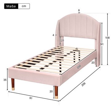 Flieks Polsterbett, Einzelbett Massivholzbett Kiefer 90x200cm Samt