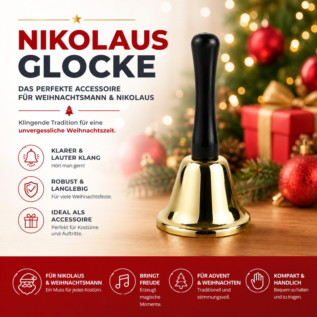 Weihnachtswunder® Kostüm Weihnachtsglocke - Nikolausglocke Gold - Nikolaus Kostüm Accessoire, Lauter Ton