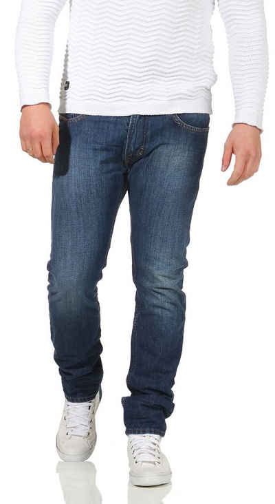 Diesel Slim-fit-Jeans Herren Thavar 0855L Blau, Röhrenjeans, 5-Pocket-Style, Used-Look