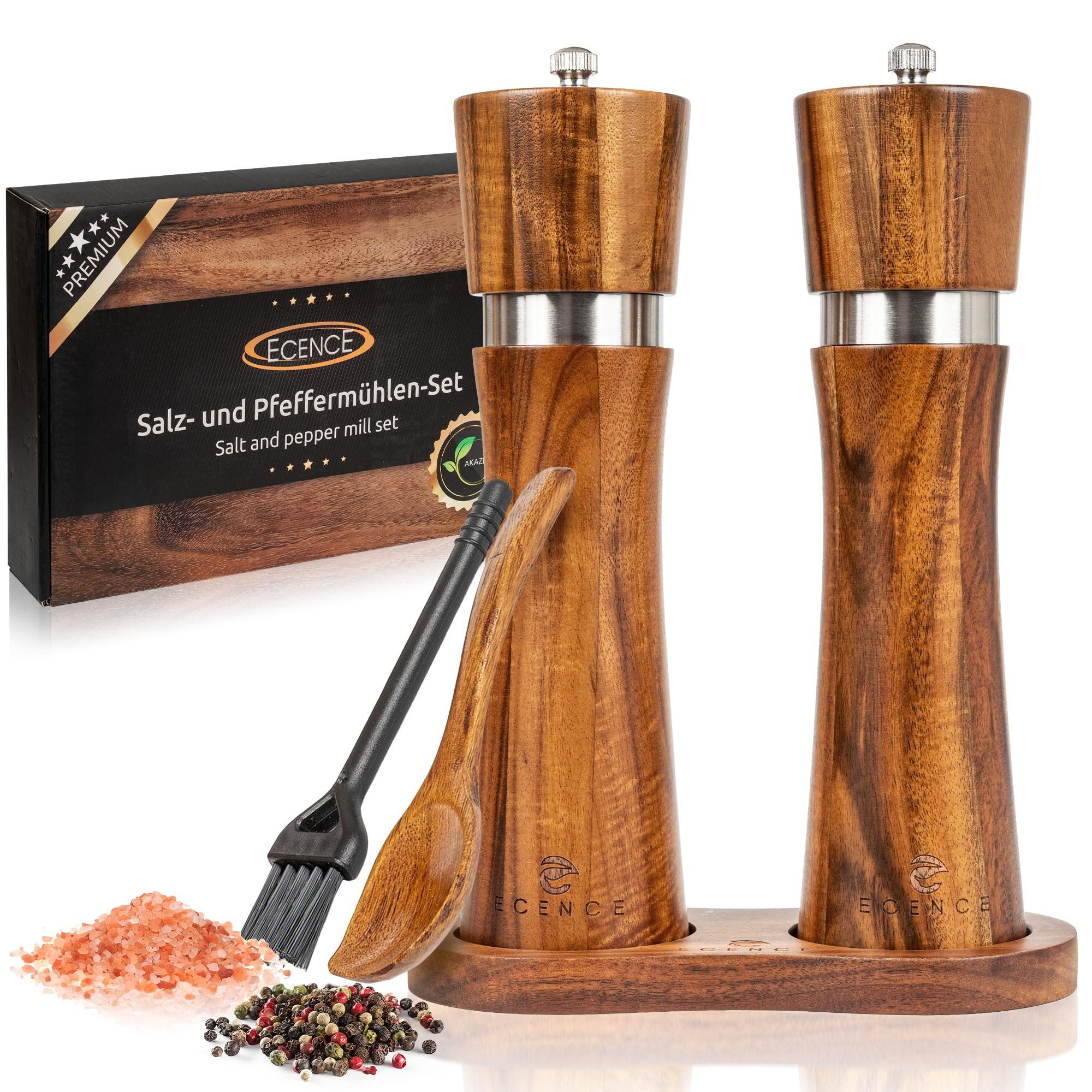 ECENCE Salz-/Pfeffermühle Holz 2er Set aus Akazienholz - Gewürzmühle mit Keramikmahlwerk