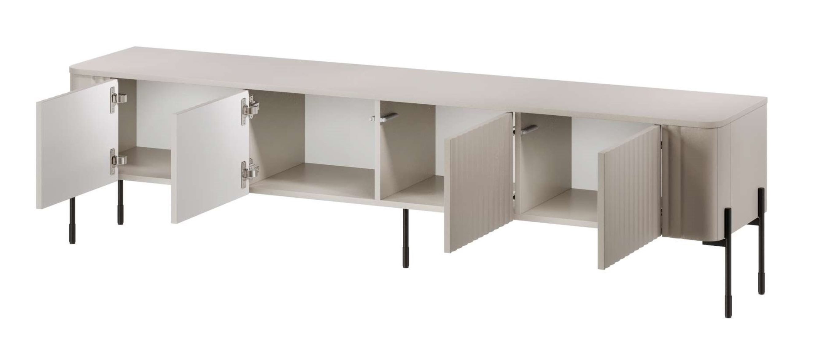 99rooms Lowboard Reva (TV-Kommode, TV-Schrank), mit 4 grifflosen Türen, aus Holzwerkstoff, schwarze Metallfüße