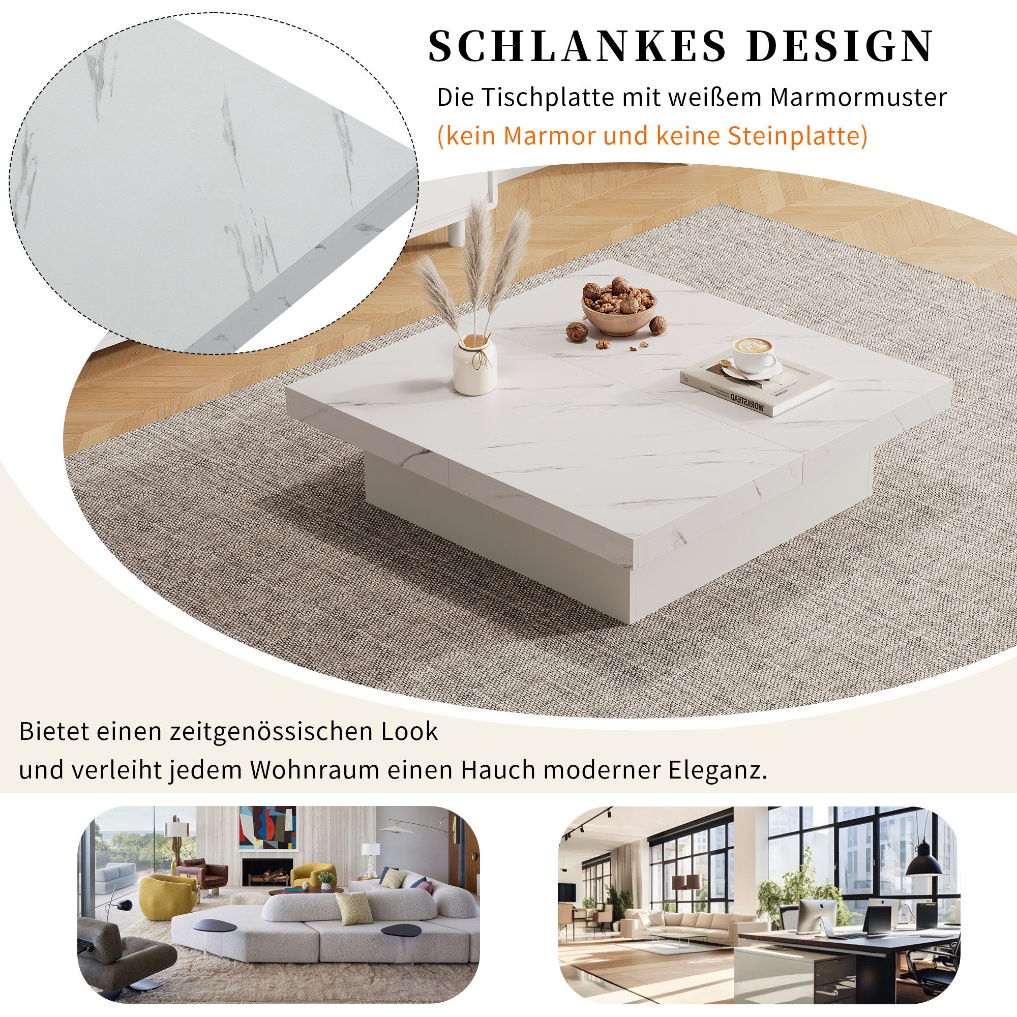 Merax Couchtisch mit versteckten Stauraum und Marmor-Optik (1-St), Quadratischer Wohnzimmertisch Satztisch mit 4 Schubladen, 90x90x25cm – Bild 4 von 5