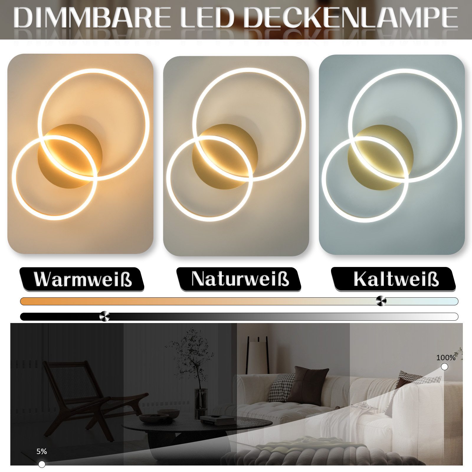 ZMH LED Deckenleuchte Wohnzimmer Modern Gold 2/3/4 Ring Design Deckenlampe günstig online kaufen