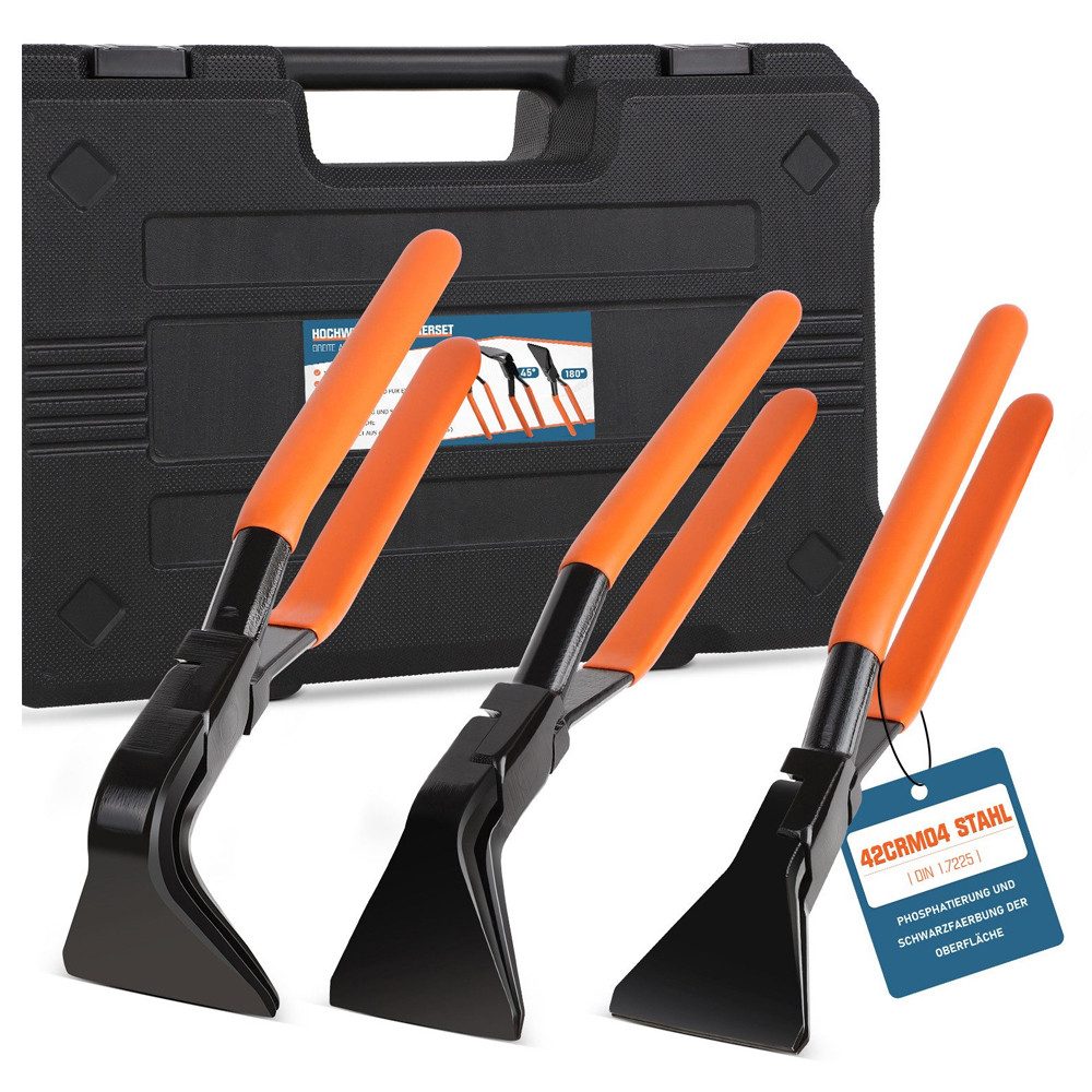 XERSEK Zangenset Abkantzange Falzzangen Blechzange Satz 3 Stück Absetzzange Länge 280mm, gerade 0°, gewinkelt 45° und 90, Maulbreite 55 mm 3-tlg., Biegezangen, Kohlenstoffstahl schwarz brüniert, Spengler Dachdecker werkzeug