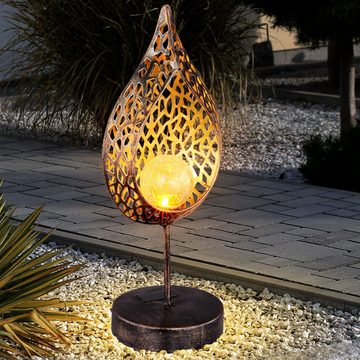 etc-shop LED Außen-Tischleuchte, LED-Leuchtmittel fest verbaut, LED Solar Tisch Leuchte Feuer Effekt Garten Deko Tropfen gold