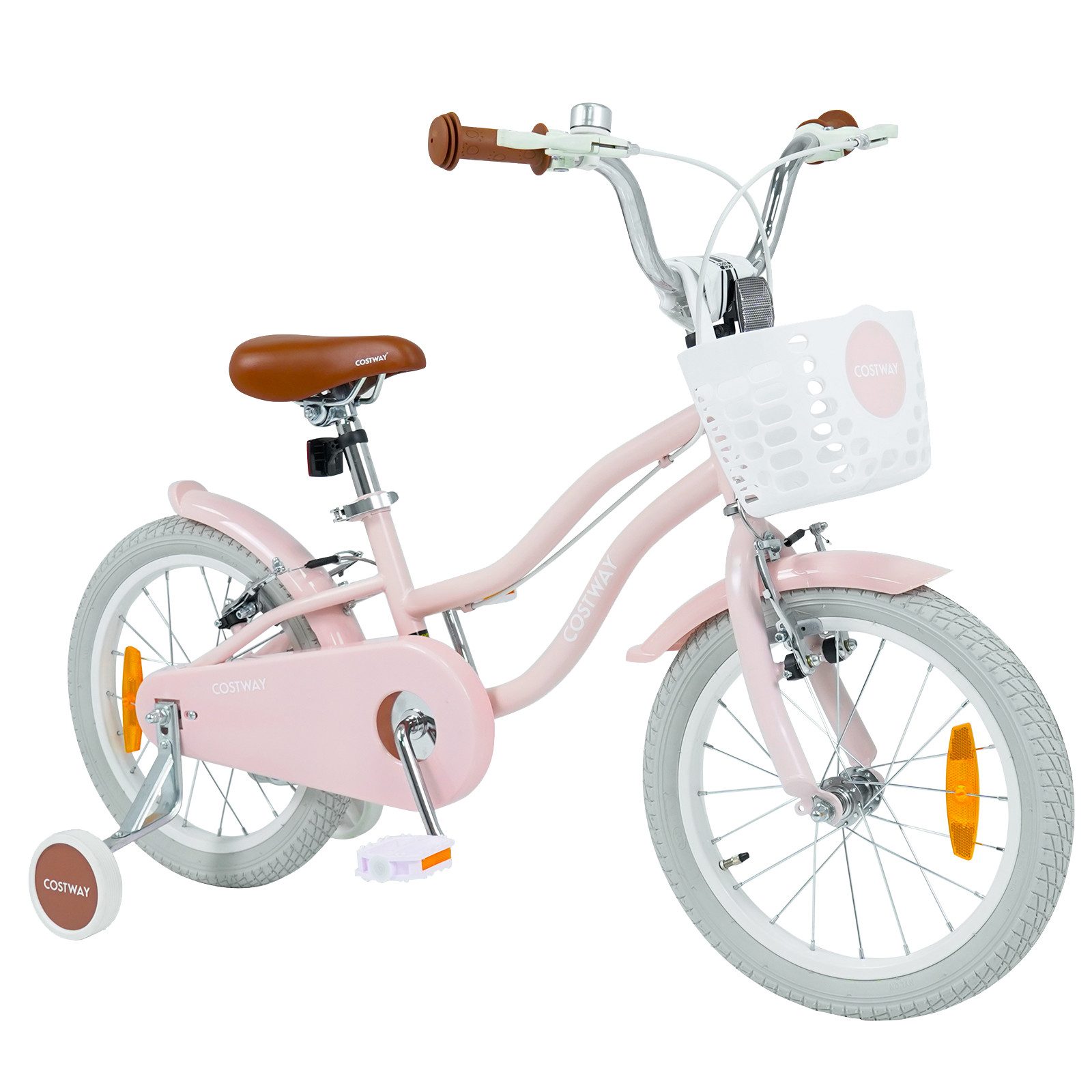 COSTWAY Kinderfahrrad, Mit Korb, Klingel, Doppelbremsen & abnehmbaren Stützrädern