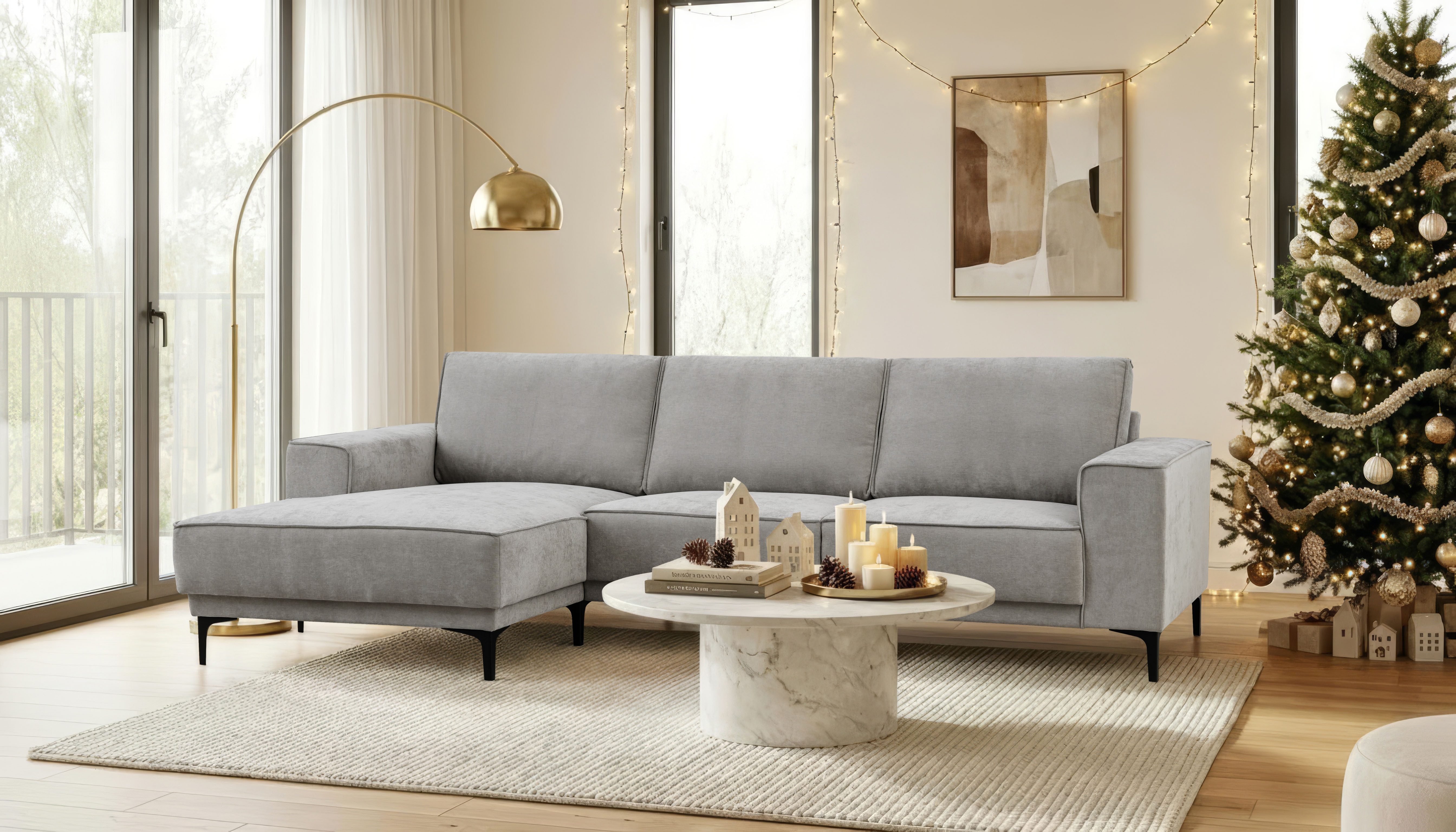 OTTO home Ecksofa Polsterecke Oland, Struktur, Flachgewebe, Luxus-Microfaser, Boucle, L-Form, 280 cm, Wellenunterfederung, Skandi-Design, Metallfüße