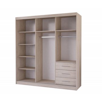 MOEBLO Kleiderschrank Kallas (Schwebetürenschrank 2-türig Schrank Garderobe Schiebtüren Schlafzimmer Wohnzimmerschrank, mit Einlegeböden, drei Schubladen, mit Spiegel) (H x B x T):218x203x61cm