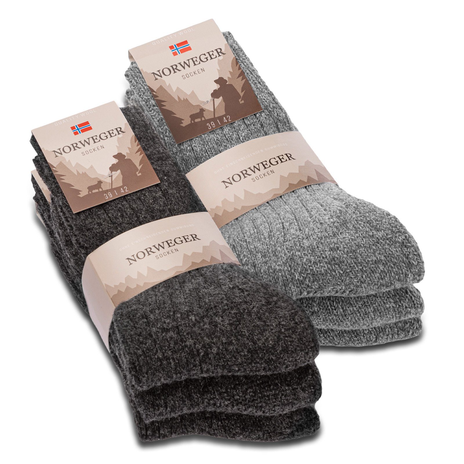 sockenkauf24 Norwegersocken 6 Paar Damen & Herren Socken mit Wolle Wintersocken (Grau/Anthrazit, 43-46) Schwarz Grau Anthrazit - 20100