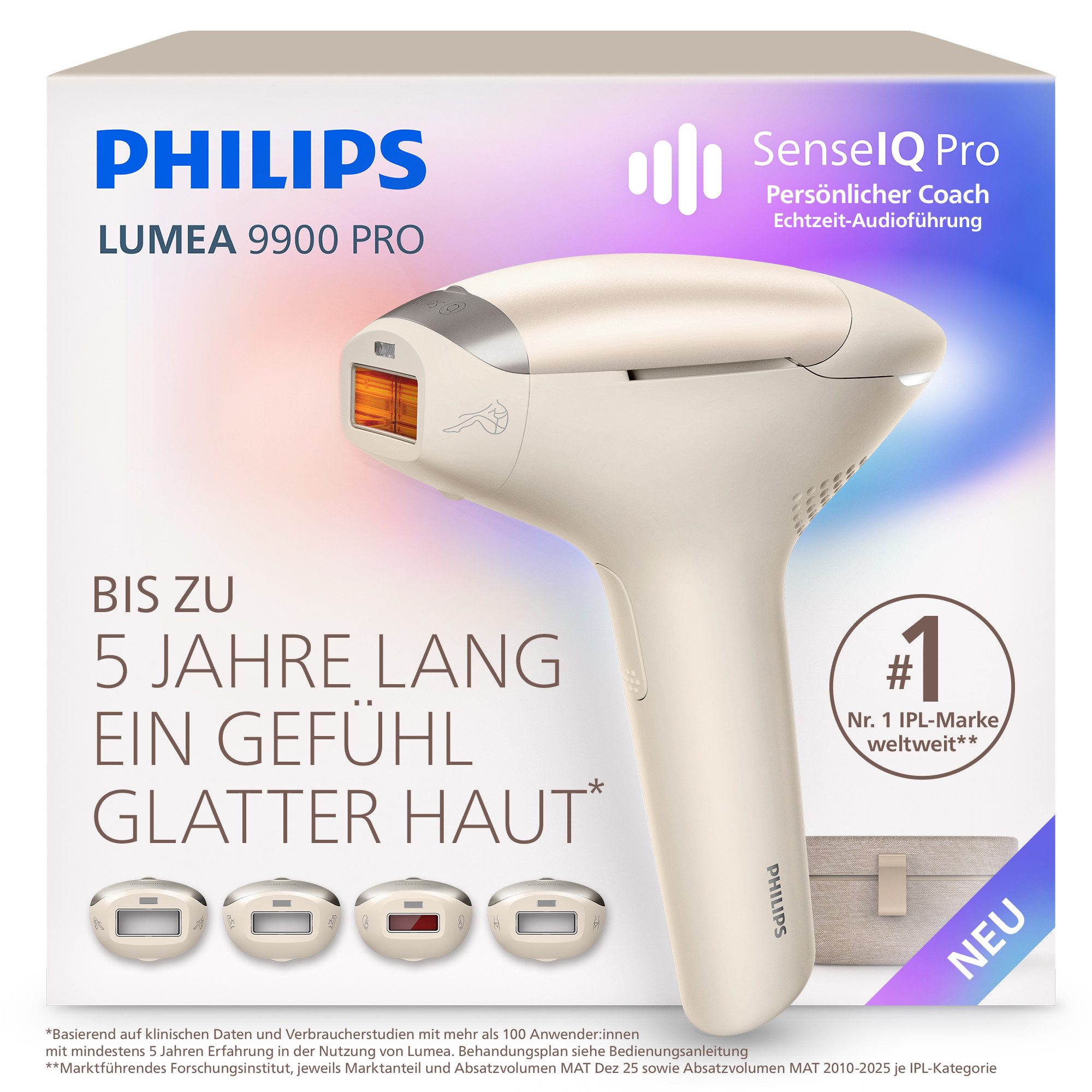 Philips IPL-Haarentferner Philips Lumea Series 9900 Pro BRC342/00, NEUHEIT, 4 Aufsätze (Körper, Gesicht, Achseln, Bikinizone), Audioführung