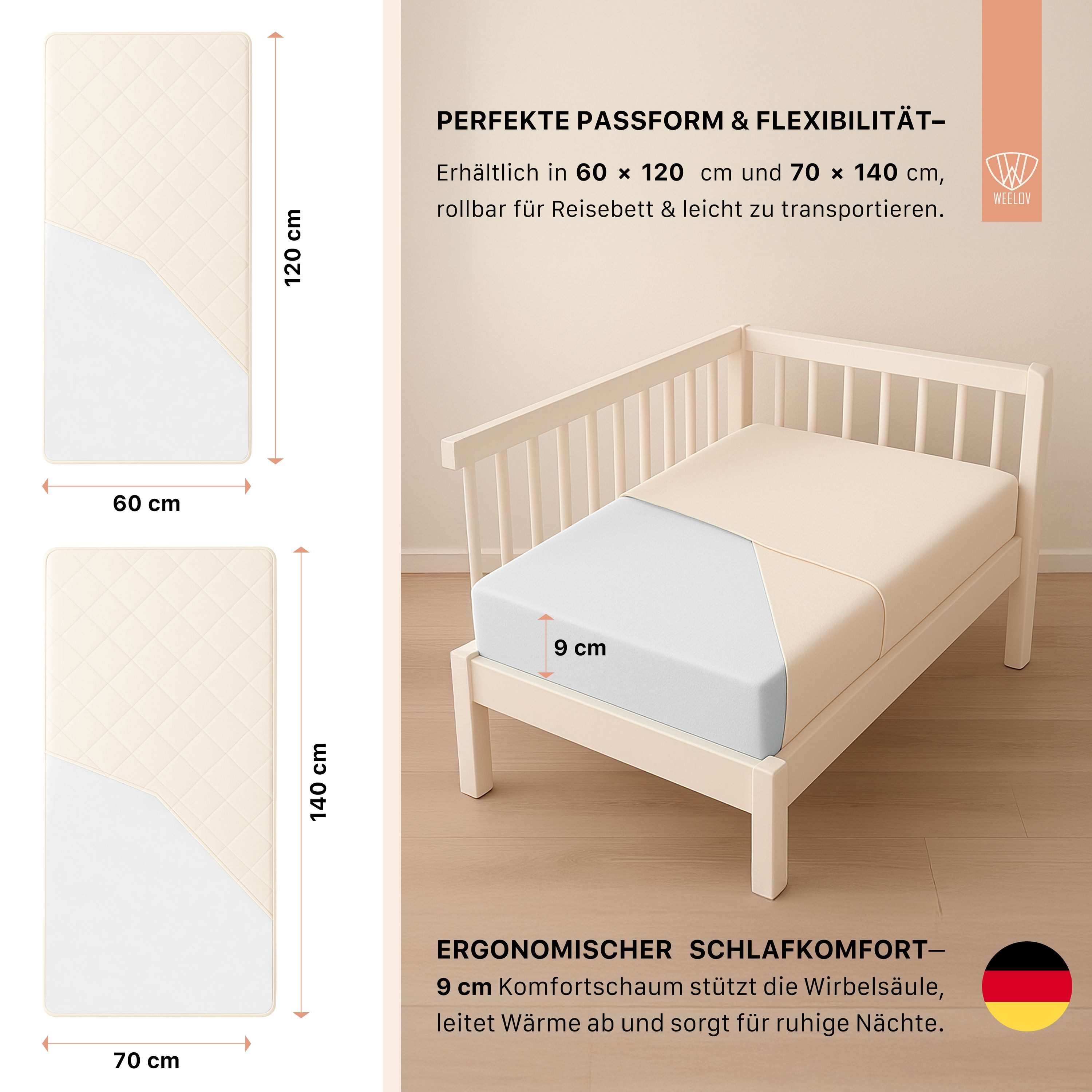 Babymatratze Babymatratze, Kaltschaum 9 cm, Belüftungslöcher, abnehmbarer Bezug, WEELOV, 10 cm hoch
