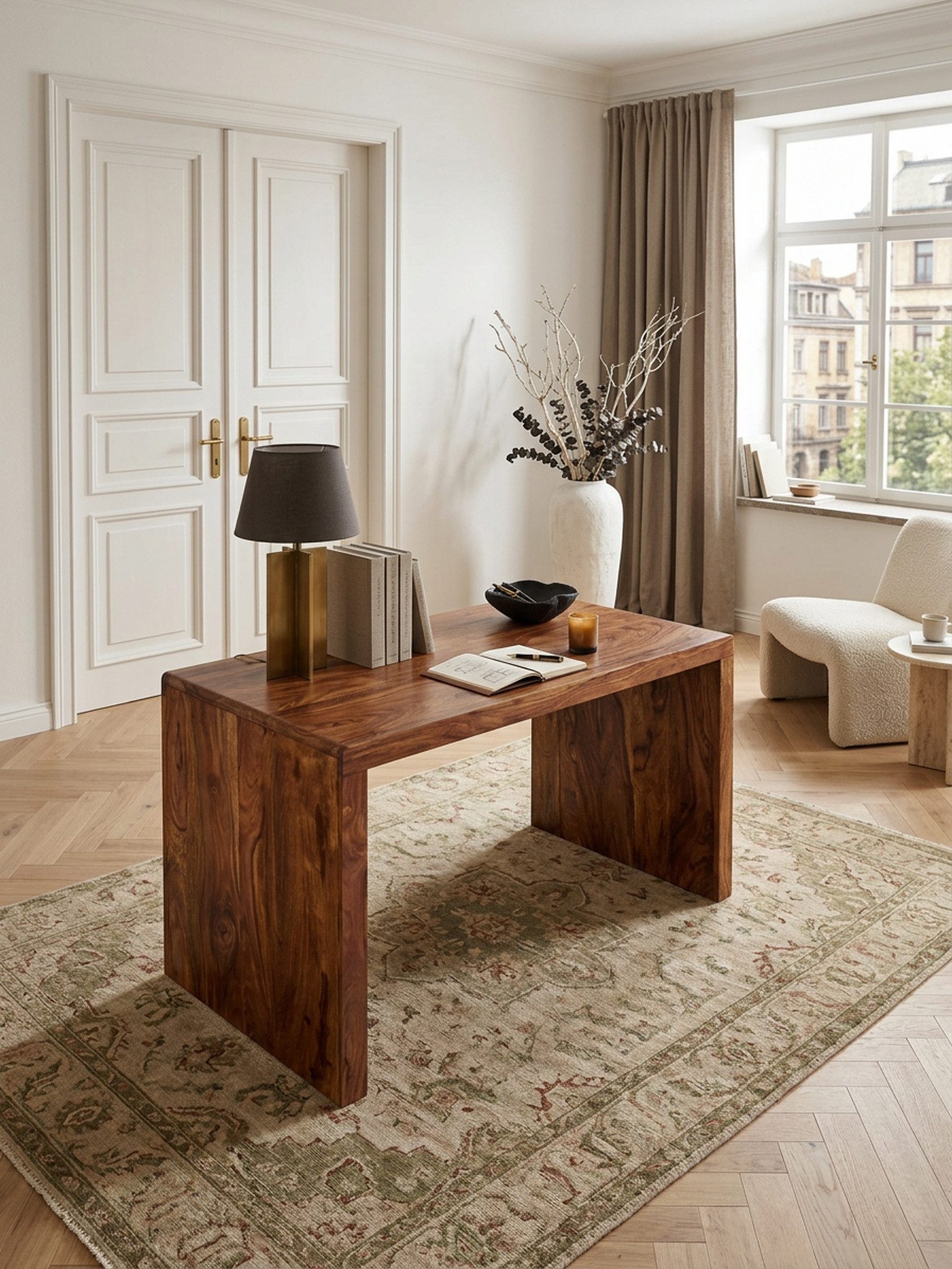 KADIMA DESIGN Schreibtisch Schreibtisch BOHA Massiv-Holz Computertisch 120 cm breit Bürotisch, Echtholz Design Ablage Büro-Tisch Landhaus-Stil