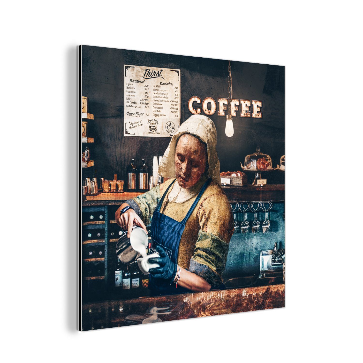 MuchoWow Metallbild Milchmädchen - Kaffee Vermeer St), deko - Aluminium (1 - aus Gemälde Barista Alu-Dibond-Druck, - _, Cappuccino Metall, Kunst 