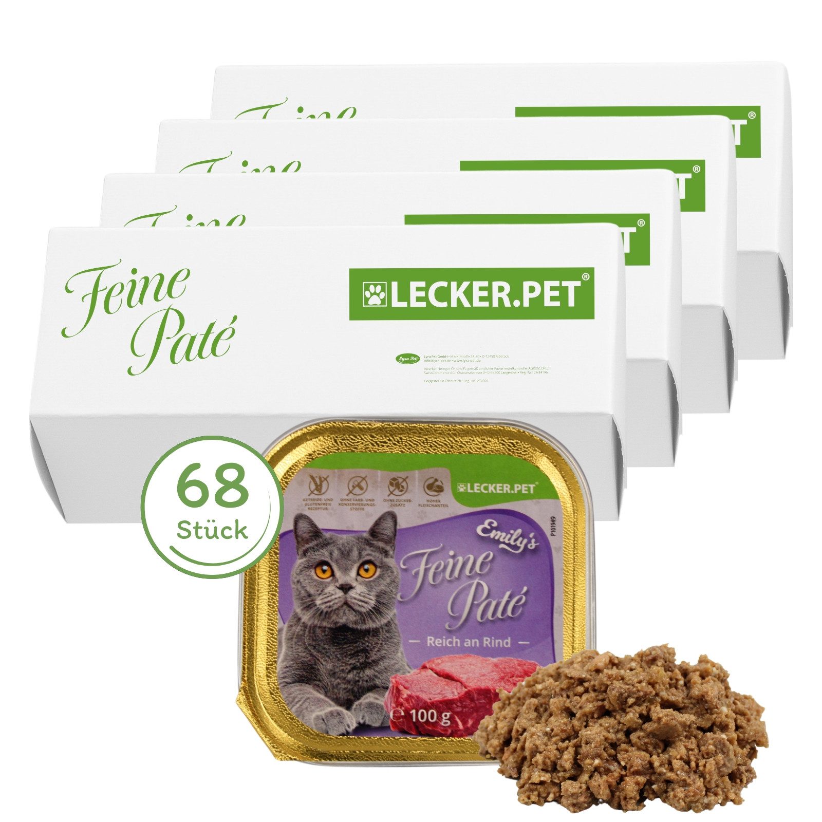 Lyra Pet 68 x 100 g Lecker.Pet® Emily's Feine Paté Reich an Rind Nassfutter Rind, 17St.