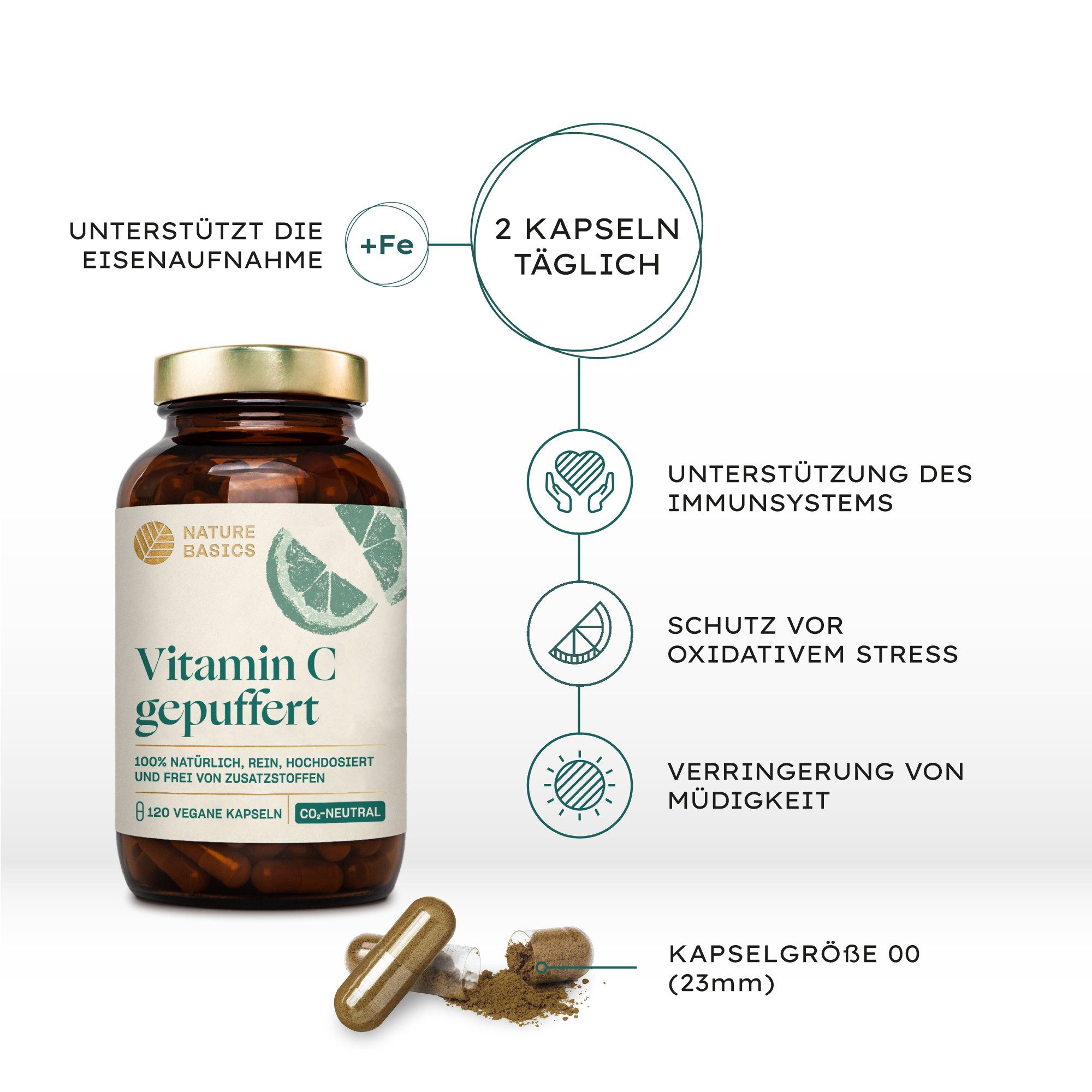 Nature Basics Hochwertiges Vitamin C gepuffert 1000mg Vegan & Nachhaltig Kapseln, 130 g