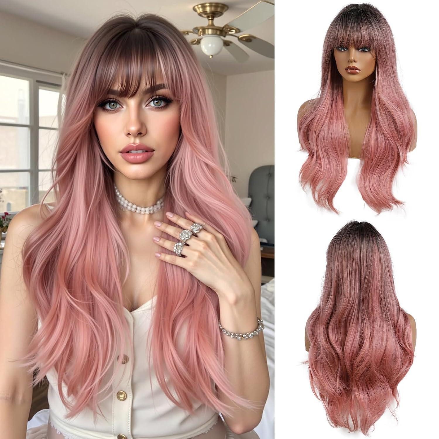 LuxusKollektion Kunsthaarperücke 24 Zoll Ombre Rosa Lange Gewellte Synthetische Perücke für Frauen